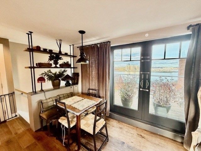 Dining room, Interior, Pendant Lights, Water, Wood Texture Flooring