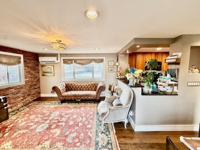 Interior, Kitchen, Living room, Recessed Lighting, Stone Walls, Wood Texture Flooring