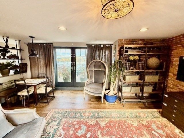 Dining room, Interior, Pendant Lights, Recessed Lighting, Stone Walls, Wood Texture Flooring, Wooden Walls