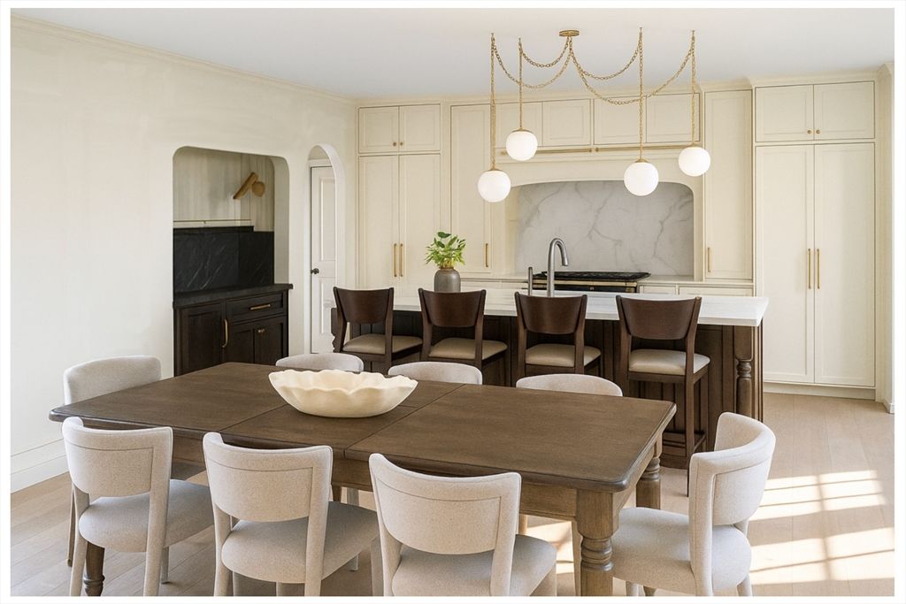 Dining room, Interior, Kitchen, Marble Walls, Pendant Lights, Wood Texture Flooring