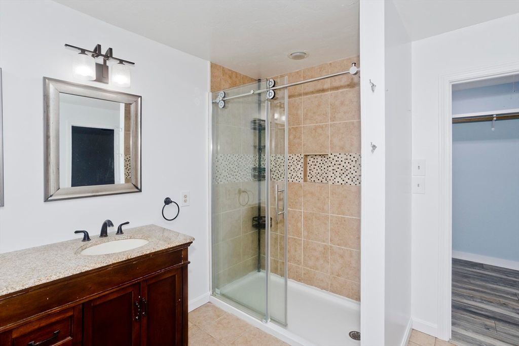 Bathroom, Glass Shower, Interior, Wood Texture Flooring