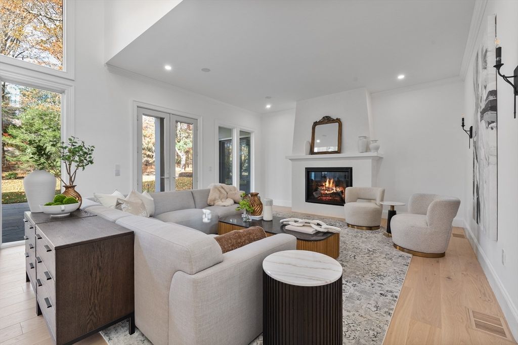 Fireplace, Interior, Living room, Recessed Lighting, Wood Texture Flooring