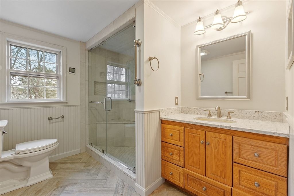 Bathroom, Glass Shower, Interior, Wood Texture Flooring