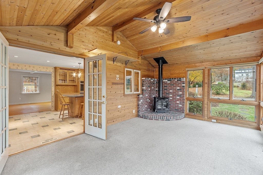 Empty room, Fireplace, Interior, Recessed Lighting, Stone Walls, Wooden Beams, Wooden Ceilings, Wooden Walls