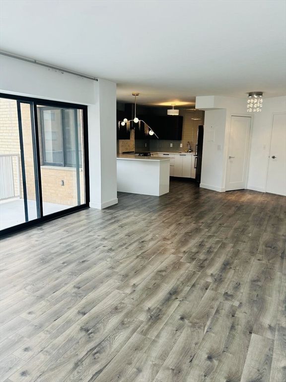 Chandelier, Empty room, Interior, Kitchen, Pendant Lights, Wood Texture Flooring