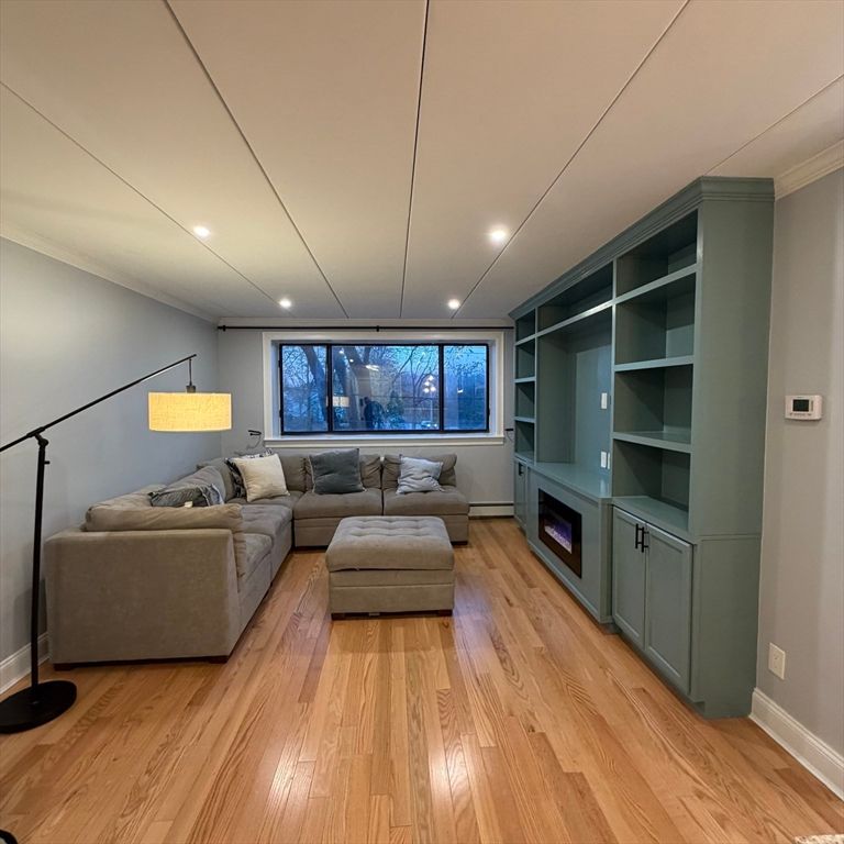 Fireplace, Interior, Living room, Recessed Lighting, Wood Texture Flooring