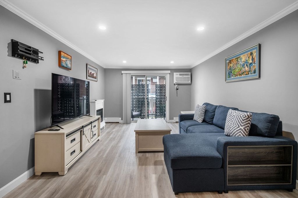 Fireplace, Interior, Living room, Recessed Lighting, Wood Texture Flooring