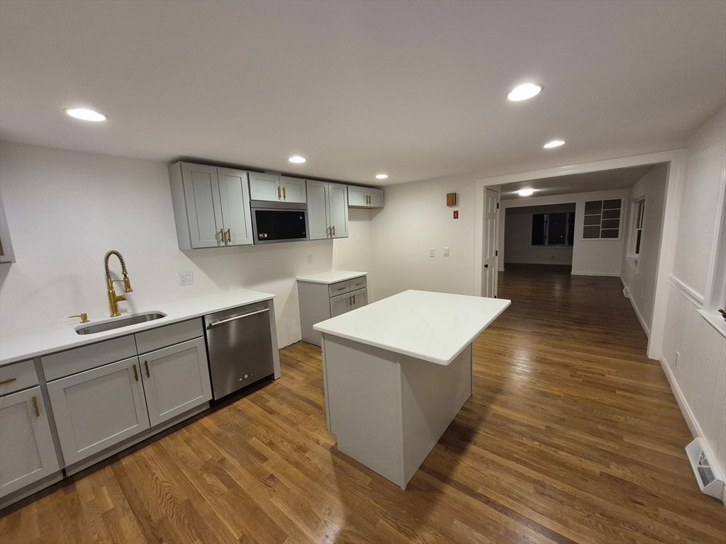 Interior, Kitchen, Recessed Lighting, Stainless Steel Appliances, Wood Texture Flooring