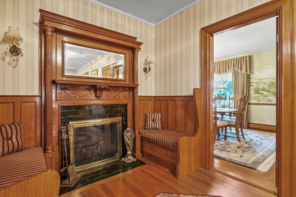 Dining room, Fireplace, Interior, Wood Texture Flooring