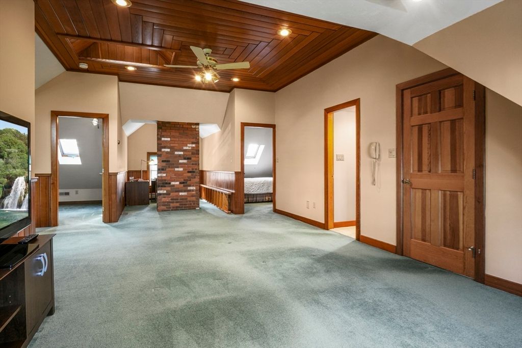 Empty room, Fireplace, Interior, Recessed Lighting, Wooden Ceilings