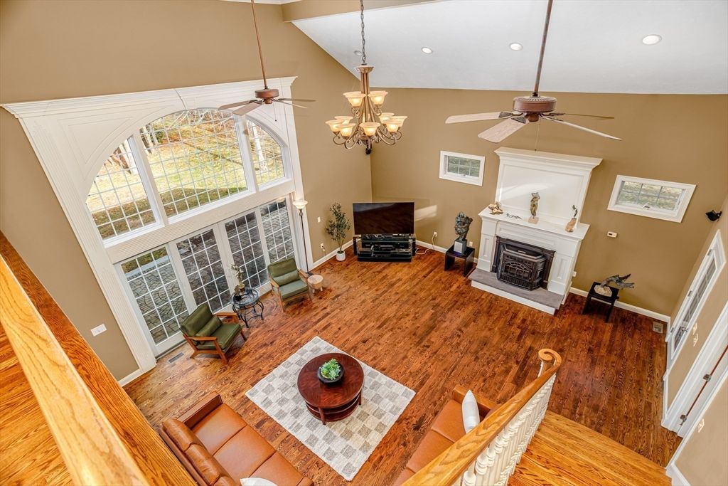 Chandelier, Fireplace, Interior, Living room, Recessed Lighting, Wood Texture Flooring