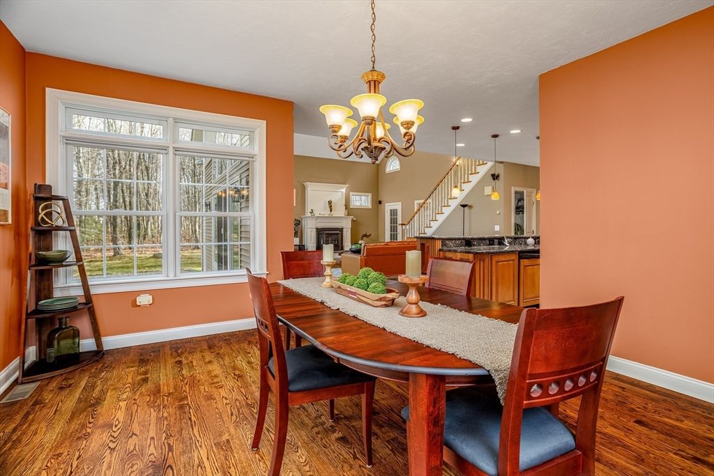 Chandelier, Dining room, Fireplace, Interior, Pendant Lights, Recessed Lighting, Wood Texture Flooring
