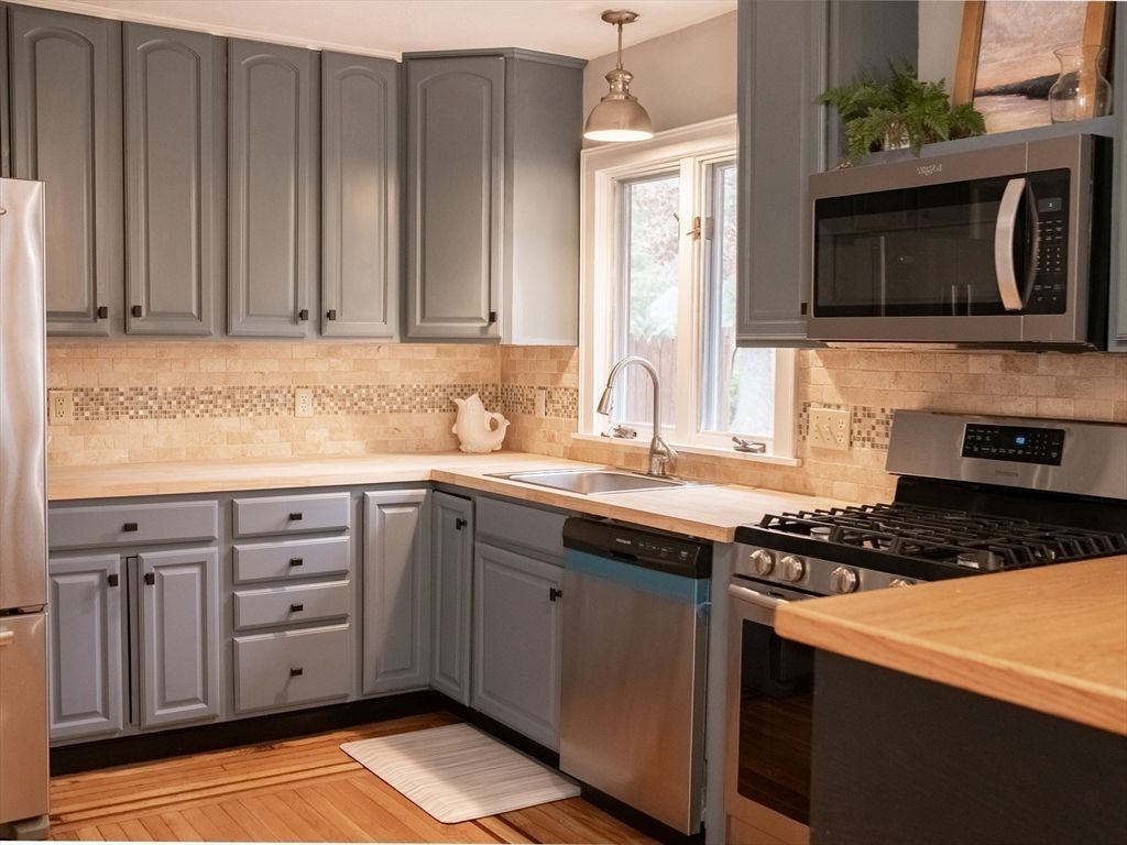 Interior, Kitchen, Pendant Lights, Stainless Steel Appliances, Wood Texture Flooring