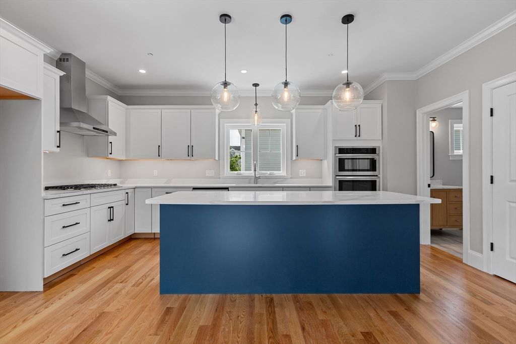 Interior, Kitchen, Pendant Lights, Recessed Lighting, Stainless Steel Appliances, Wood Texture Flooring