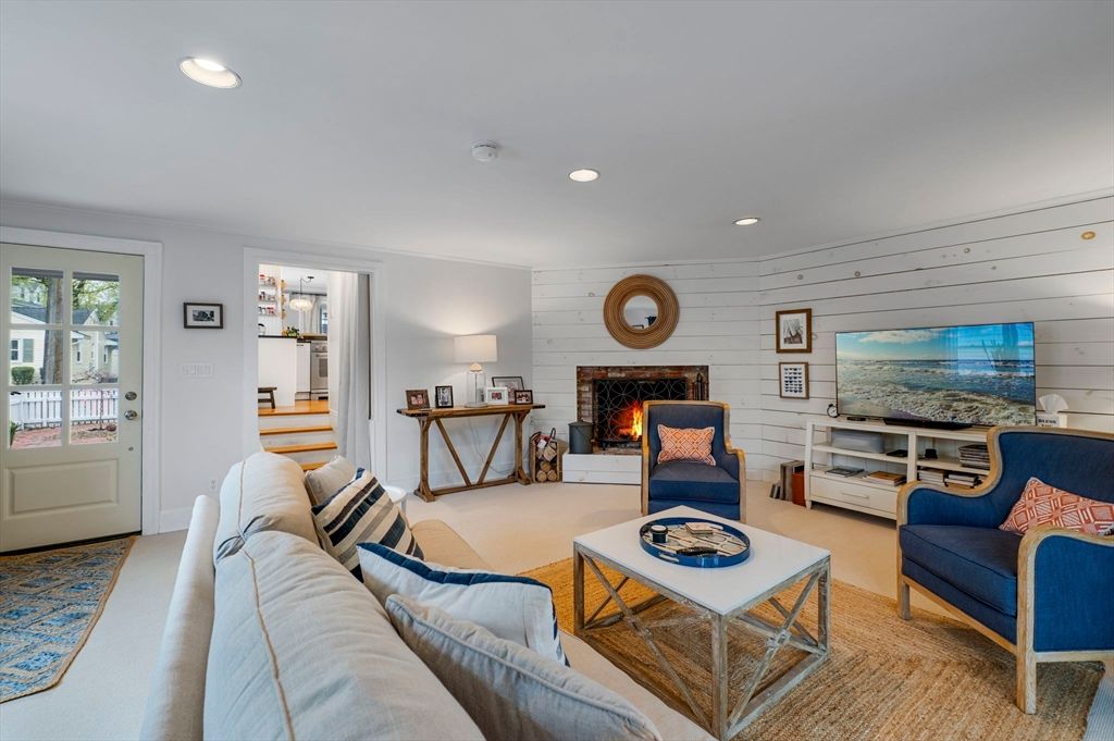 Fireplace, Interior, Living room, Recessed Lighting, Stone Walls