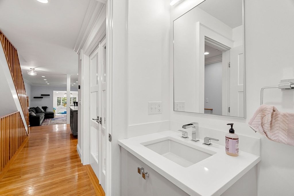 Bathroom, Dual Sink Vanities, Interior, Recessed Lighting, Wood Texture Flooring