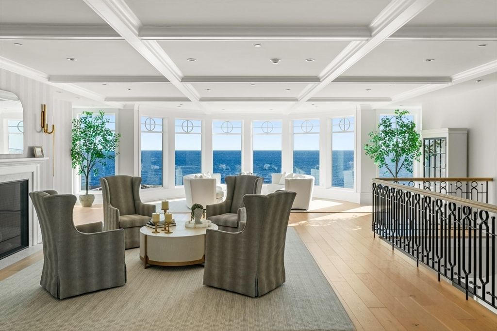 Fireplace, Interior, Living room, Recessed Lighting, Water, Wood Texture Flooring