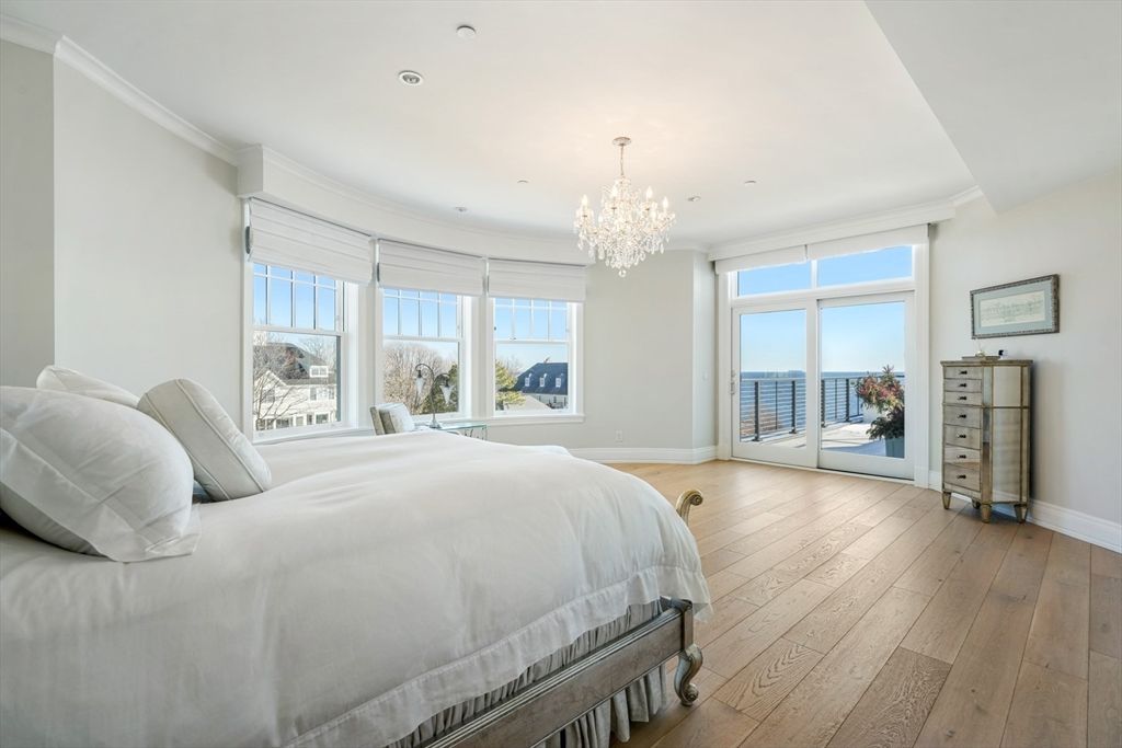 Bedroom, Chandelier, Interior, Recessed Lighting, Water, Wood Texture Flooring