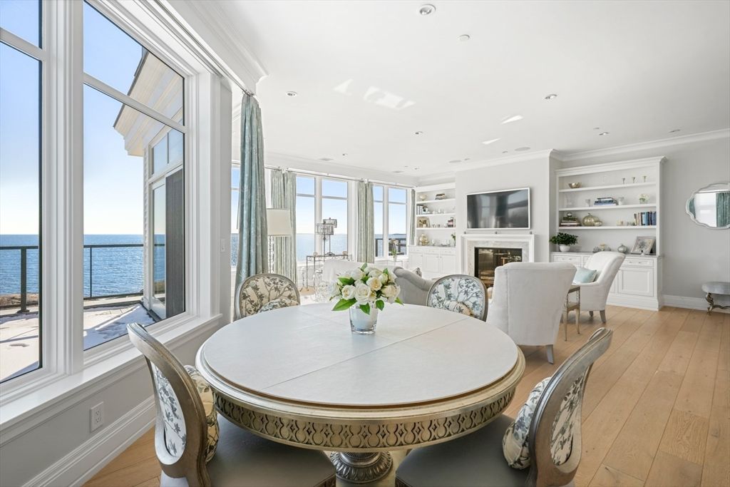 Dining room, Fireplace, Interior, Recessed Lighting, Water, Wood Texture Flooring