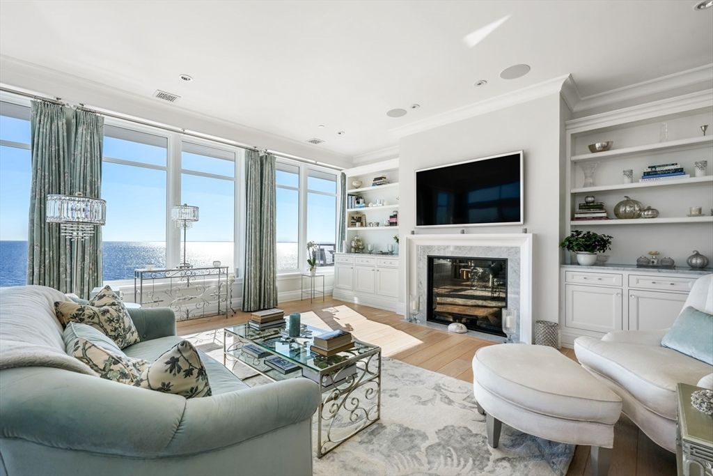 Fireplace, Interior, Living room, Recessed Lighting, Water, Wood Texture Flooring