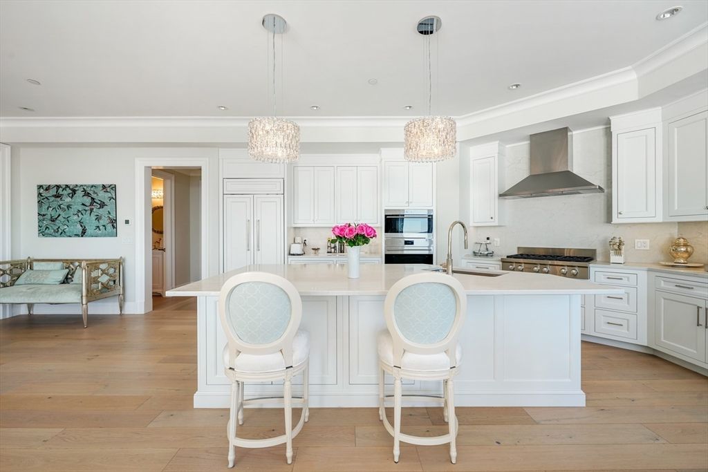 Chandelier, Interior, Kitchen, Pendant Lights, Recessed Lighting, Stainless Steel Appliances, Wood Texture Flooring