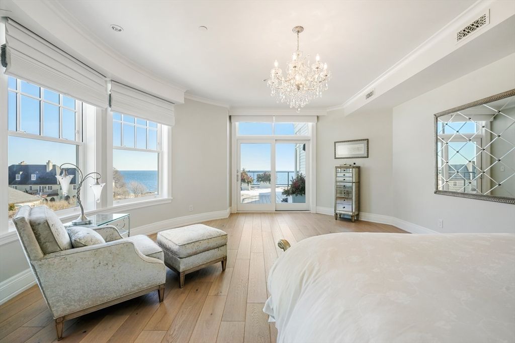 Bedroom, Chandelier, Interior, Recessed Lighting, Water, Wood Texture Flooring