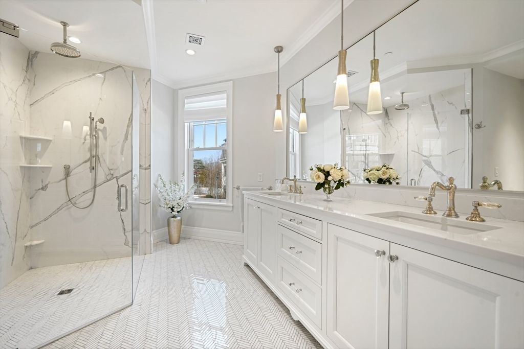 Bathroom, Dual Sink Vanities, Glass Shower, Interior, Marble Walls, Pendant Lights, Recessed Lighting