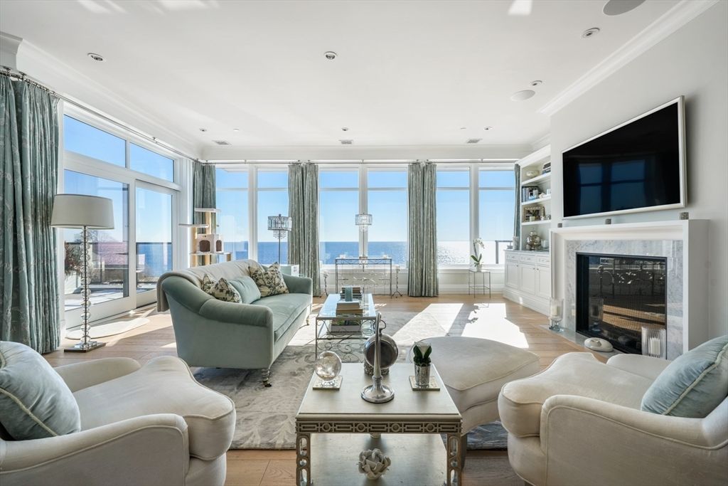 Fireplace, Interior, Living room, Recessed Lighting, Water, Wood Texture Flooring