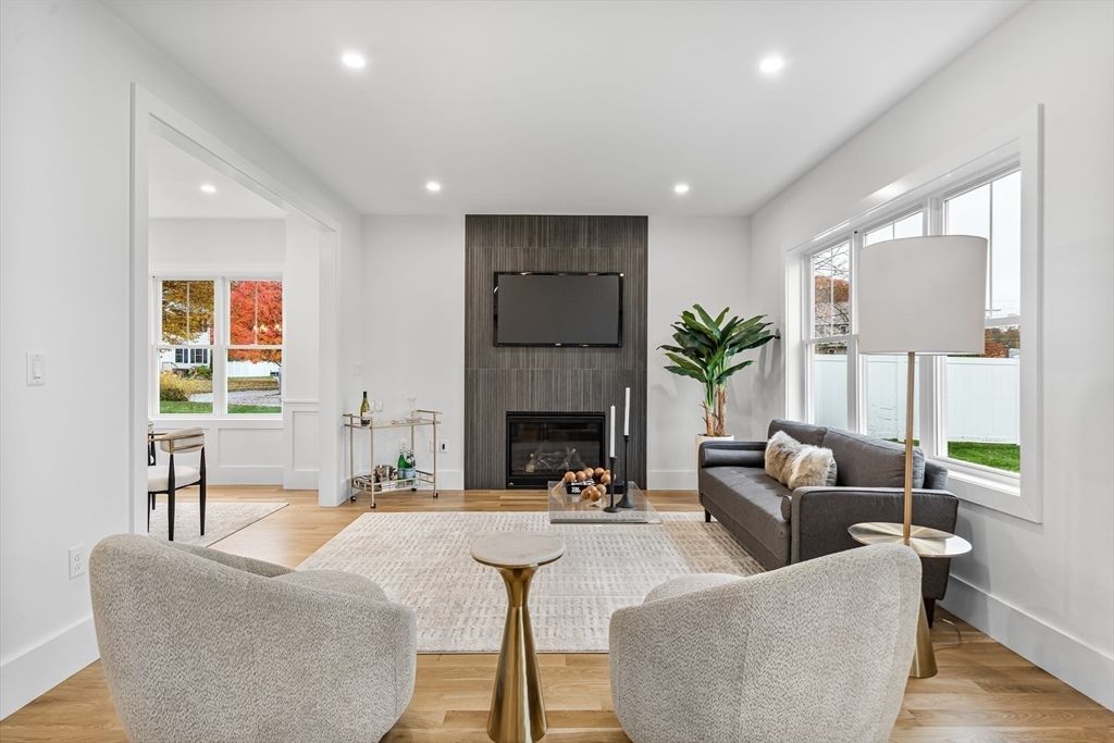 Fireplace, Interior, Living room, Recessed Lighting, Wood Texture Flooring