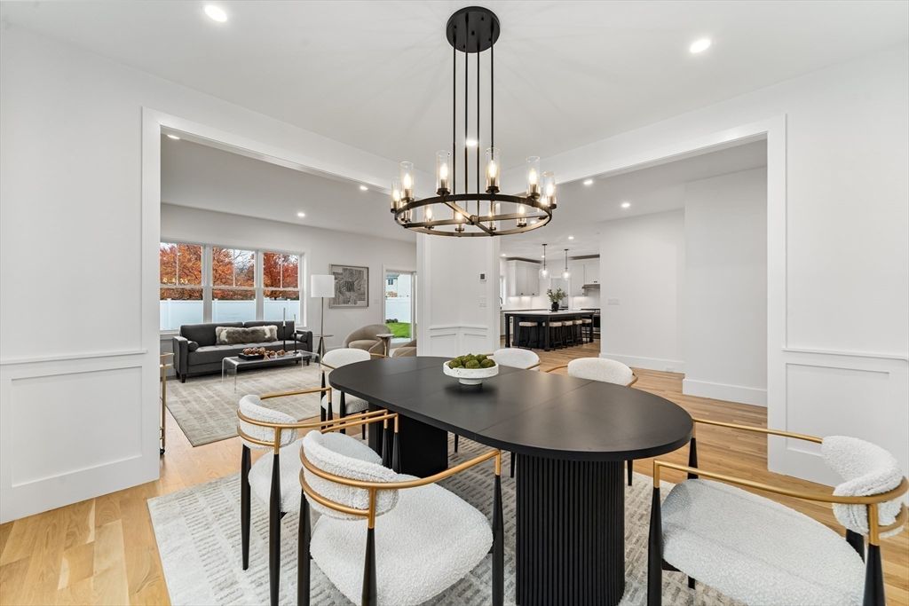 Chandelier, Dining room, Interior, Kitchen, Living room, Pendant Lights, Recessed Lighting, Wood Texture Flooring