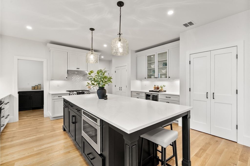 Interior, Kitchen, Pendant Lights, Recessed Lighting, Stainless Steel Appliances, Wood Texture Flooring