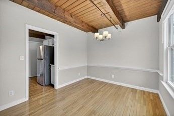 Chandelier, Empty room, Interior, Kitchen, Stainless Steel Appliances, Wooden Beams, Wooden Ceilings, Wood Texture Flooring