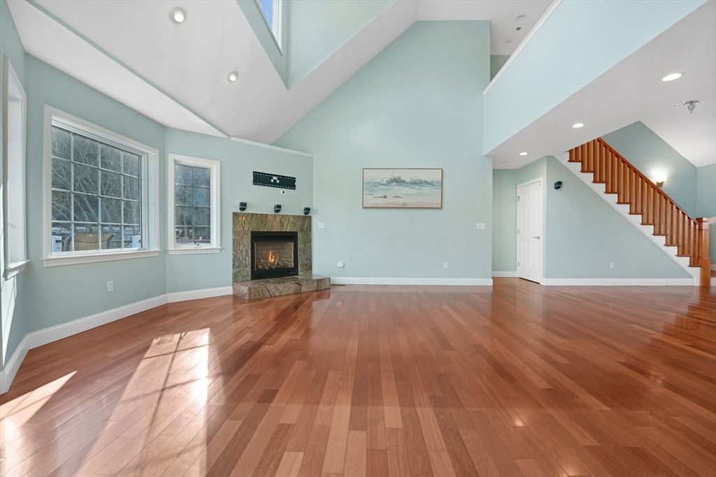 Empty room, Fireplace, Interior, Recessed Lighting, Wood Texture Flooring