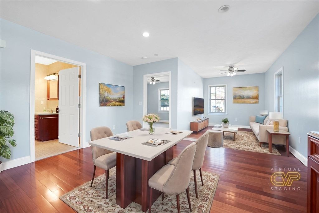 Dining room, Interior, Living room, Recessed Lighting, Wood Texture Flooring