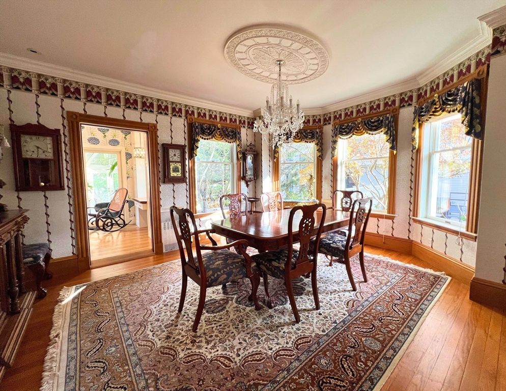 Chandelier, Dining room, Interior, Wood Texture Flooring