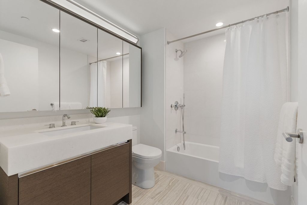 Bathroom, Dual Sink Vanities, Interior, Recessed Lighting, Wood Texture Flooring