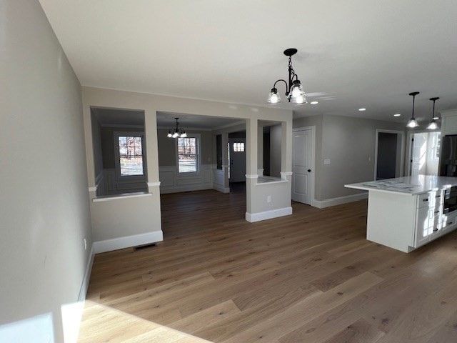 Chandelier, Empty room, Interior, Kitchen, Pendant Lights, Recessed Lighting, Wood Texture Flooring