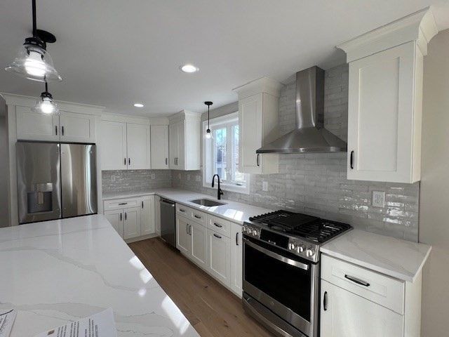 Interior, Kitchen, Pendant Lights, Recessed Lighting, Stainless Steel Appliances, Wood Texture Flooring