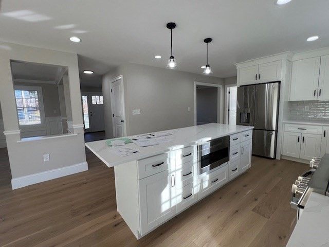 Interior, Kitchen, Pendant Lights, Recessed Lighting, Stainless Steel Appliances, Wood Texture Flooring