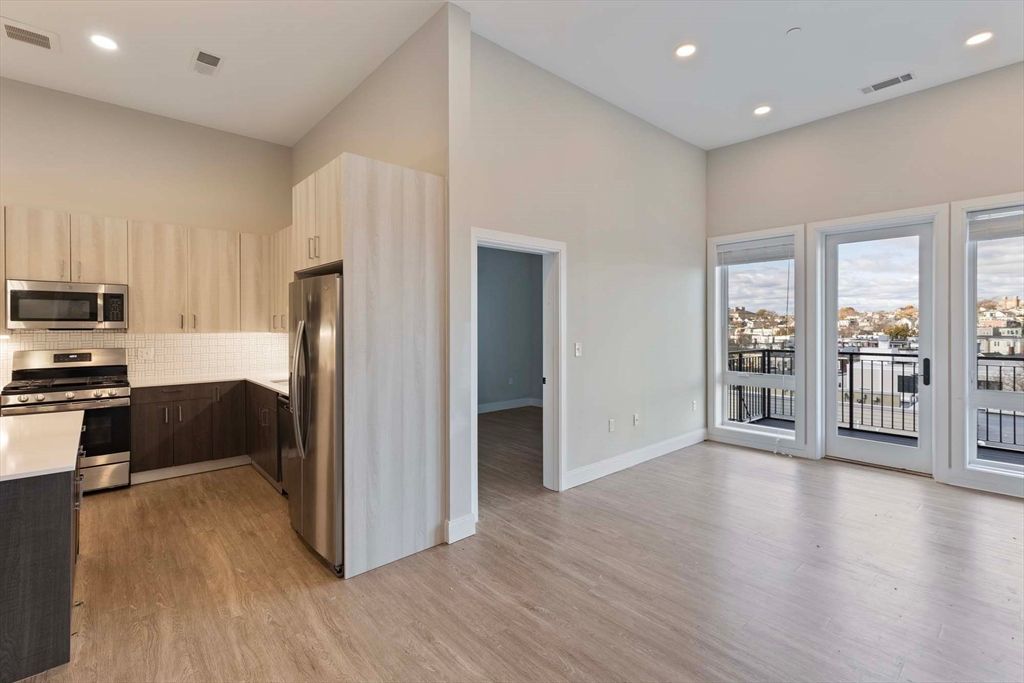 Interior, Kitchen, Recessed Lighting, Stainless Steel Appliances, Wood Texture Flooring