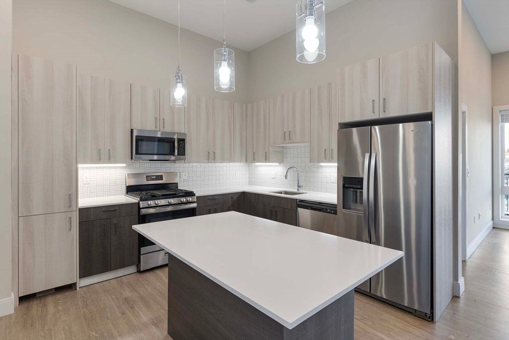 Interior, Kitchen, Pendant Lights, Stainless Steel Appliances, Wood Texture Flooring