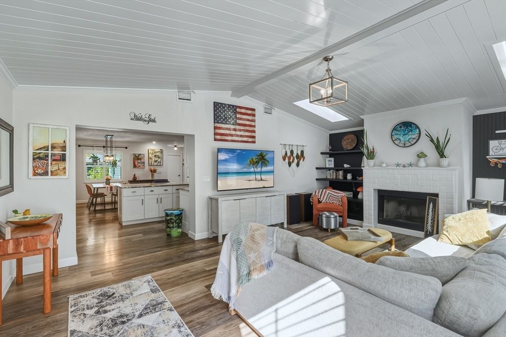 Dining room, Fireplace, Interior, Living room, Pendant Lights, Wood Texture Flooring