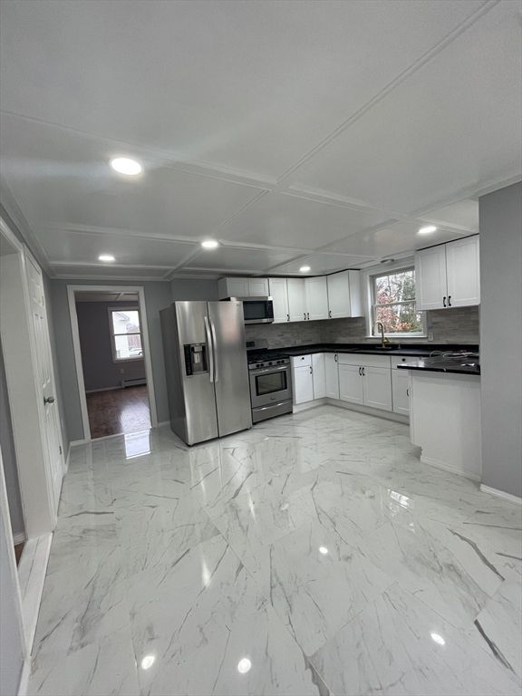 Interior, Kitchen, Marble, Recessed Lighting, Stainless Steel Appliances