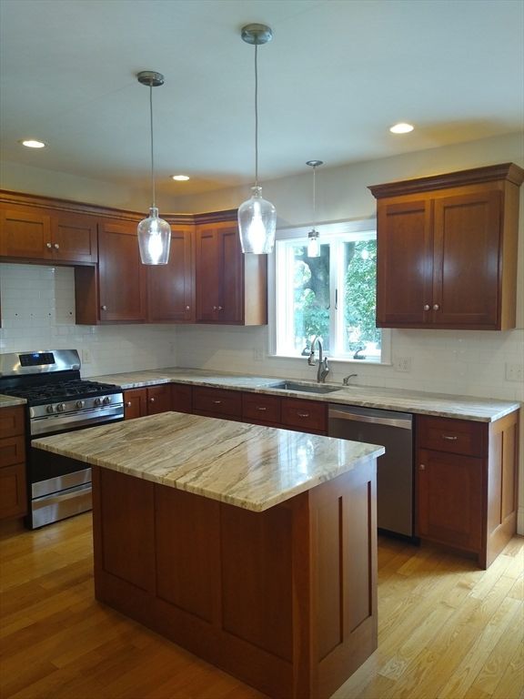 Interior, Kitchen, Pendant Lights, Recessed Lighting, Stainless Steel Appliances, Wood Texture Flooring