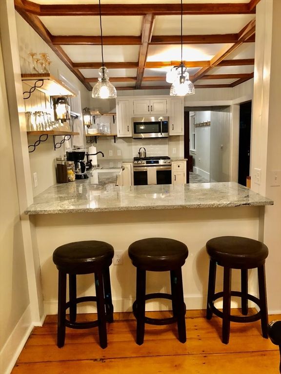 Interior, Kitchen, Pendant Lights, Stainless Steel Appliances, Wooden Beams, Wood Texture Flooring