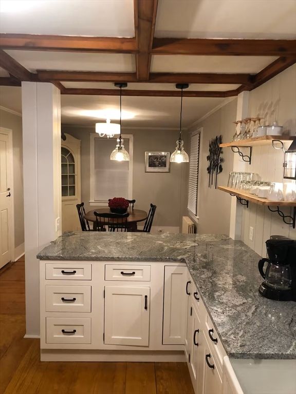 Dining room, Interior, Pendant Lights, Wooden Beams, Wood Texture Flooring