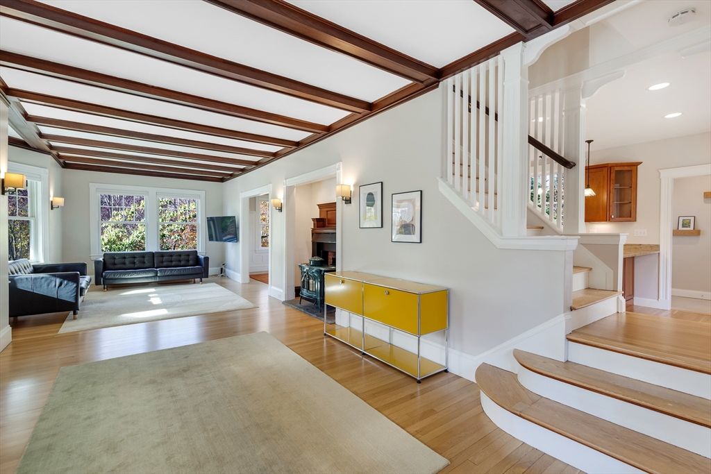 Fireplace, Interior, Recessed Lighting, Wooden Beams, Wood Texture Flooring