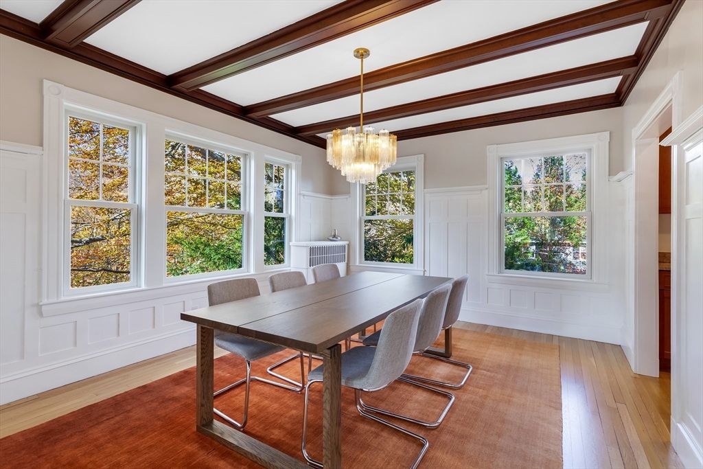 Chandelier, Dining room, Interior, Wooden Beams, Wood Texture Flooring