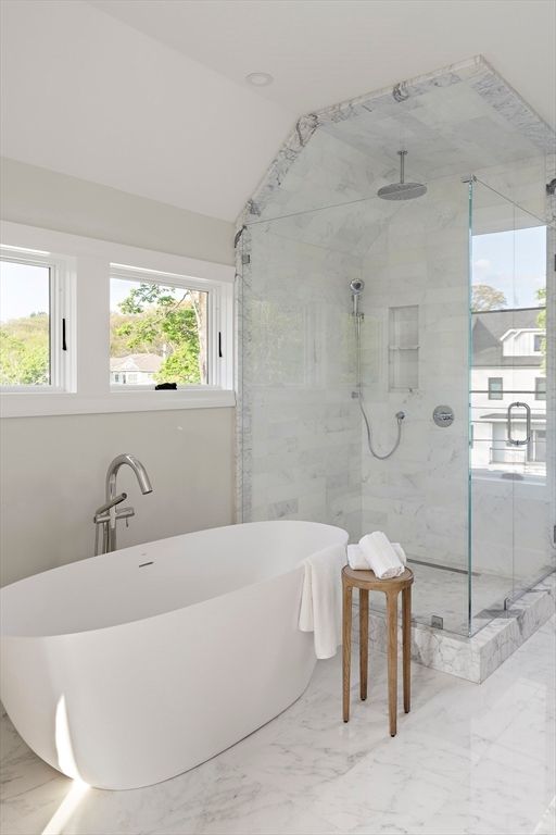 Bathroom, Free Standing Baths, Glass Shower, Interior, Marble, Marble Walls