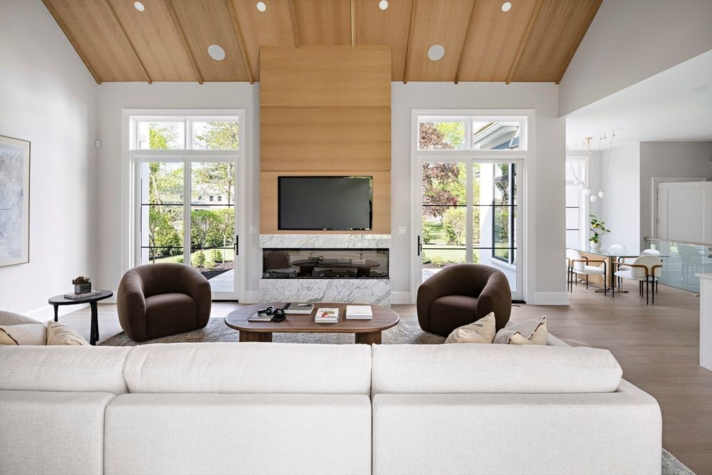 Dining room, Fireplace, Interior, Living room, Recessed Lighting, Wooden Ceilings, Wood Texture Flooring